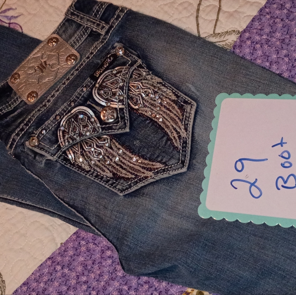 Vintage Y2K Miss Me Distressed Pants Jeans Flap Pockets Angel Wings 29 - Picture 2 of 5